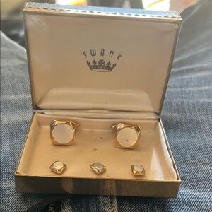SWANK Gold Tone Cufflinks and Matching Shirt Studs with Mother-of-Pearl